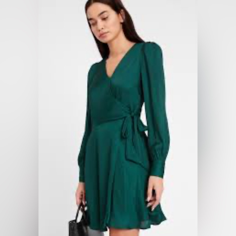 COPY - Banana Republic Emerald Green Satin Puff Sleeve Wrap Dress
